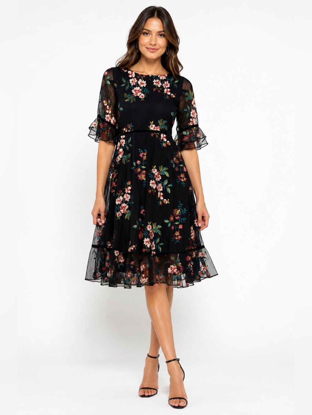 Kiyonna Black Floral Embroidered Mesh‎ Dress Fairycore Romantic Boho Ex Small